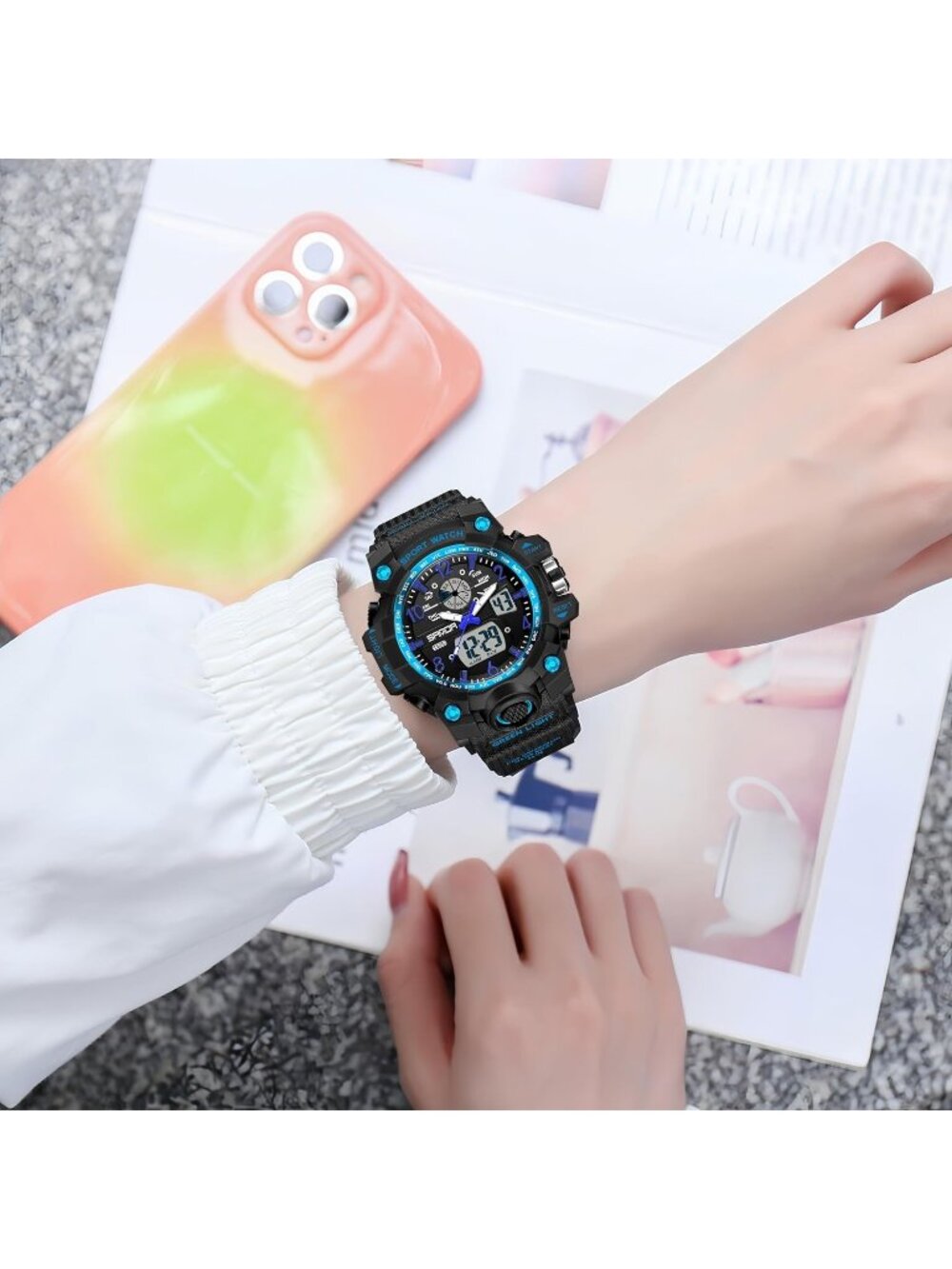 Women's Black Blue Digital LED Light Large Face Analog Multifunctional Watch - Picture 4 of 6